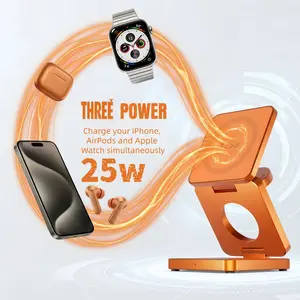 25w Magnetic Wireless Charger for Apple, Magsafe Charger, 3-In-1 Foldable Fast Charging Station, Multi Charger Station, Travel Wireless Charging Pad for iPhone 17 16 15 14 13 12 Pro Max Plus & Apple Watch & AirPods