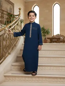 Muslim Boys Islamic Deep Blue Embroidered Stand Collar Long Sleeve Thobe, Suitable for 8-12 Years, Comfortable Modest Fashion for Daily Wear, Parties, Special Occasions