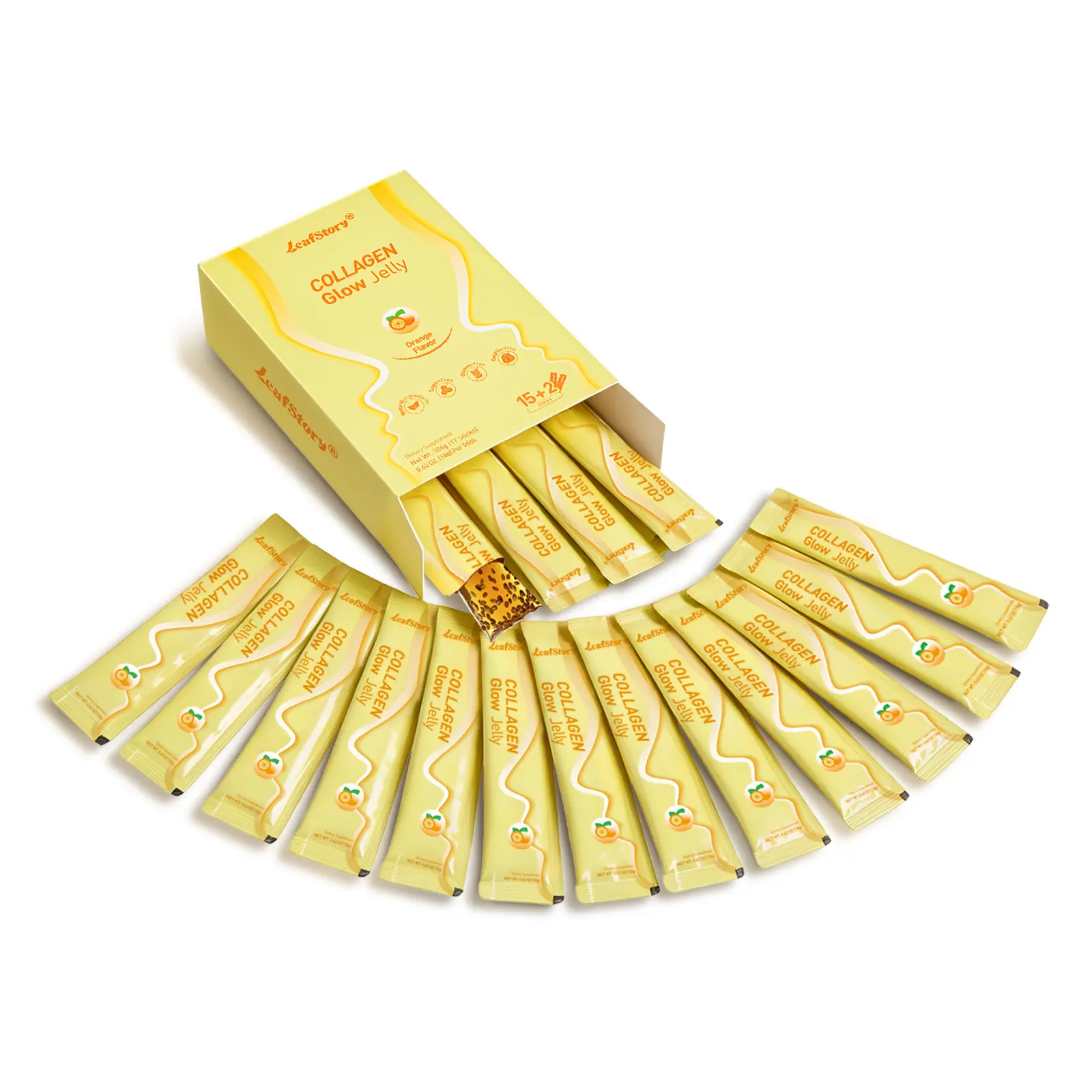 Orange Collagen Jelly(7/17/34 Sticks):NAD+,1000mg fish collagen,vitamin C, pomegranate, reishi mushroom, chia seeds, konjac. Sugar-free, gelatin-free, dairy free, halal-friendly, skin, hair, nails beauty care, cellular vitality & youth, from LeafStory-SC