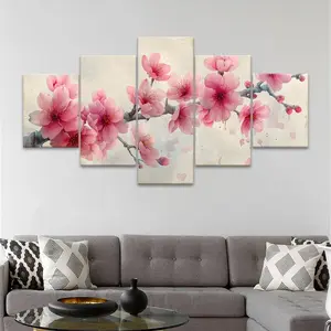 Cherry Blossom Pattern Canvas Painting, 5 Counts/set Modern Art Wall Decor, Wall Art for Home Living Room Bedroom Office, Wall Art Decoration, Decorative Artwork, Floral Prints, Ornaments