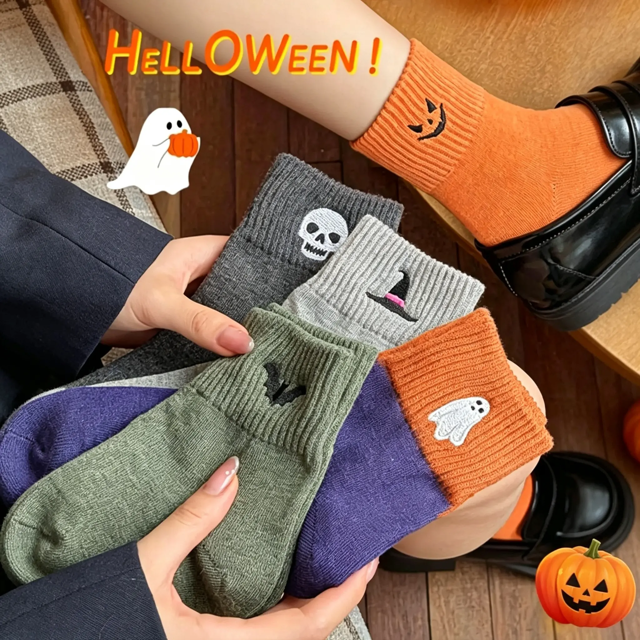 Viral Cute Halloween Socks for Women, 5 Pairs Cozy Novelty Crew Socks Set, Funny Pumpkin Ghost Cartoon Mid-Calf Knit Socks, Soft Stretch Warm Fall Winter Essentials for Daily Wear, Halloween Party, Work, School & Gifts
