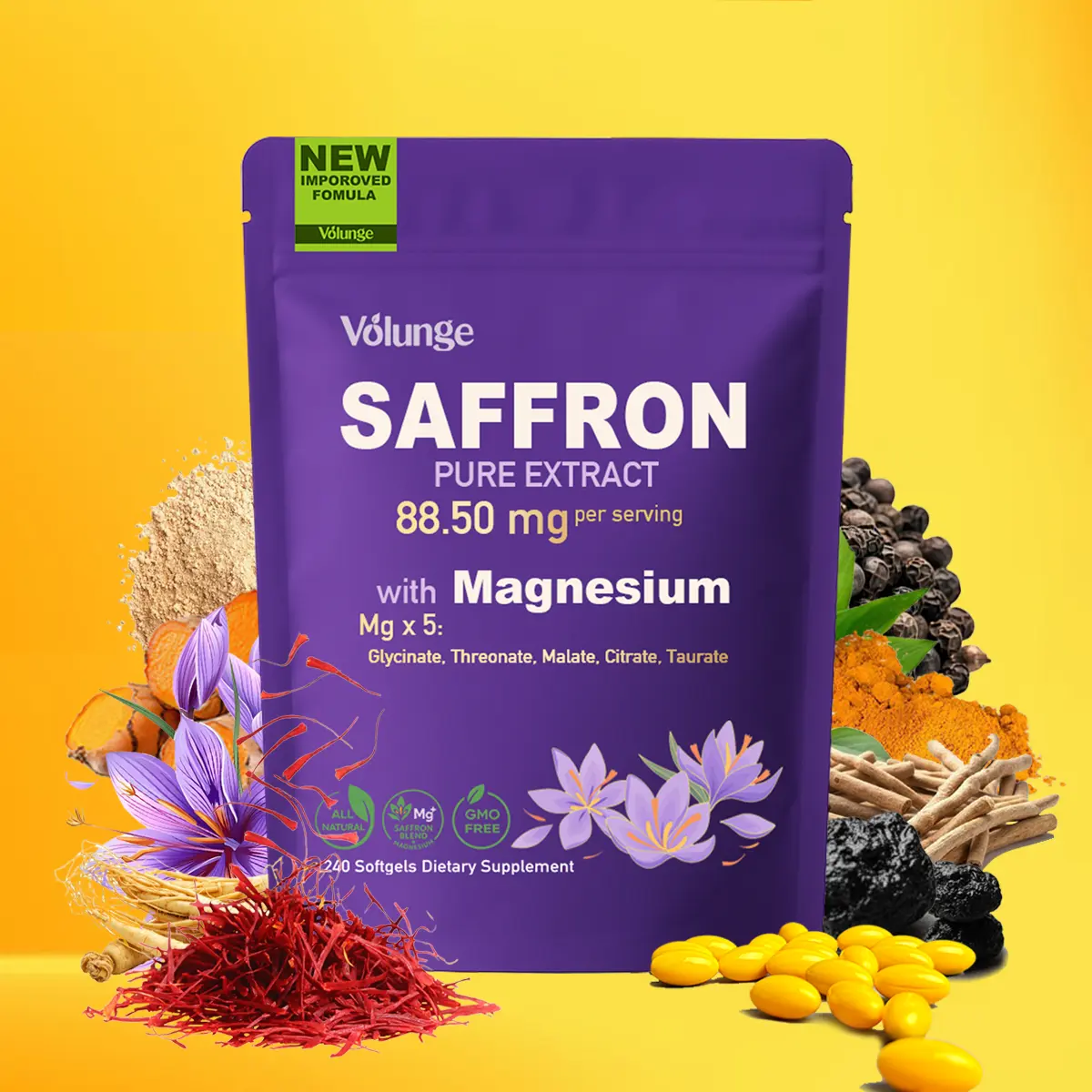 Volunge Herbal Dietary Supplement - 88.5mg Antioxidant Saffron, 5 Types of Magnesium, Gluten-Free Non-GMO Vegan Eye Health Vitamins, Antioxidants Vitamins Supplements, 240 Softgels for Vision Support