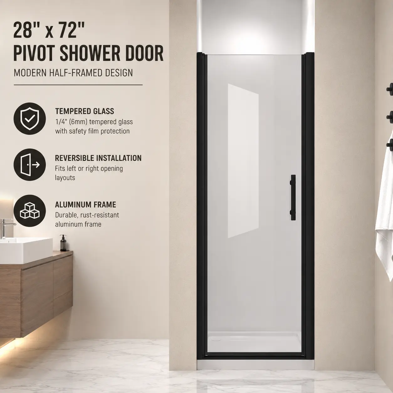 28" x 72" Pivot Shower Door, Aluminum Frame, 1/4" Tempered Glass with Safety Film, Half-Framed Swing Shower Door