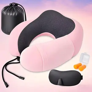Travel Neck Pillow Set, 4pcs/set Including Neck Pillow & Eye Mask & Earplugs & Storage Bag, Soft Support Travel Pillow for Travel, Sleep, Office