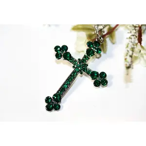 Emerald Cross Pendant Necklace In Silver Green Diamonds Zircon Filled Cross Necklace
