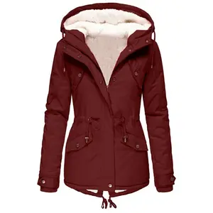 Winter Hooded Waist-Cinching Fleece-Lined Thickened Warm Cotton Coat for Women, Mid-Length Plush Jacket