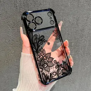 Lace Reverie Pattern Four Corner Anti-Fall Phone Case Transparent Electroplated Protective Cover for iPhone 17/16/15/14/13/12/11/X, Plus/Air/Pro Max/Pro,It makes a great gift for friends or family.