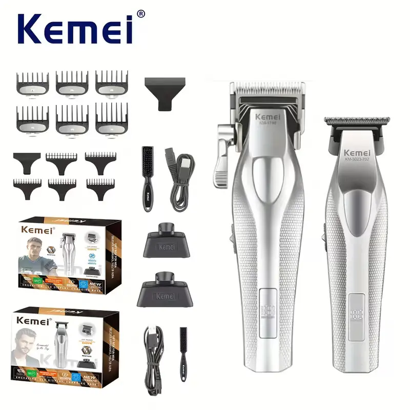 Kemei electric hair clipper and trimmer set, Cordless Hair Cutting, USB charging, sharp blade, ergonomic design, 9000RPM, suitable for home haircuts and gifts, hair accessories, beauty tools, durable structure KM3023-702, Cordless Clippers Set