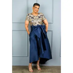 Women's  Short Sleeve Sequin-Embellished  Navy Gold High-Low Gown