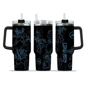 Lucario 40oz Tumbler with Handle and Straw, Stainless Steel Vacuum Insulated Cup, Pocket Monster Design, Anime Merch, Anime Tumbler