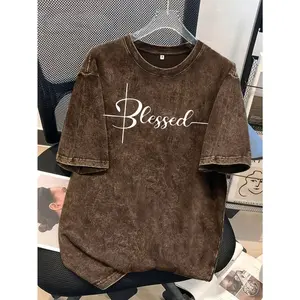 Men's Cotton Short-Sleeve T-Shirt - Round Neck, Retro Worn-Out "Blessed" Artistic Letter Graphic, American Urban Vintage Streetwear Soft Top, Fabric-Blend Comfort, Ideal for Casual Outings, Mens Tshirt