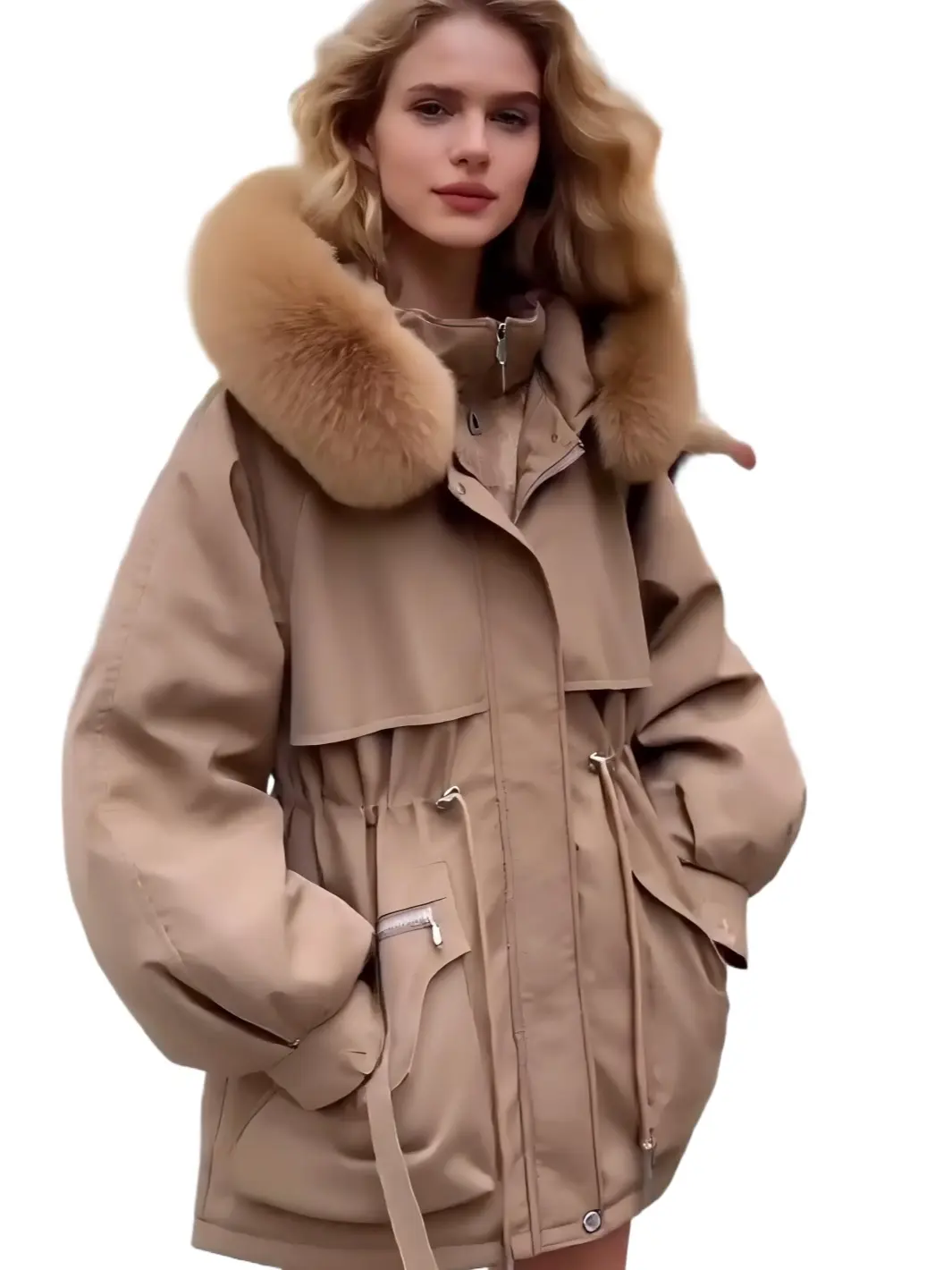 Korean Casual Streetwear Fleece Lined Hood Down Jacket for Women Warm Drawstring Padded Parkas Long Sleeve Outerwear Winter Coats Women Fitted - Womenswear