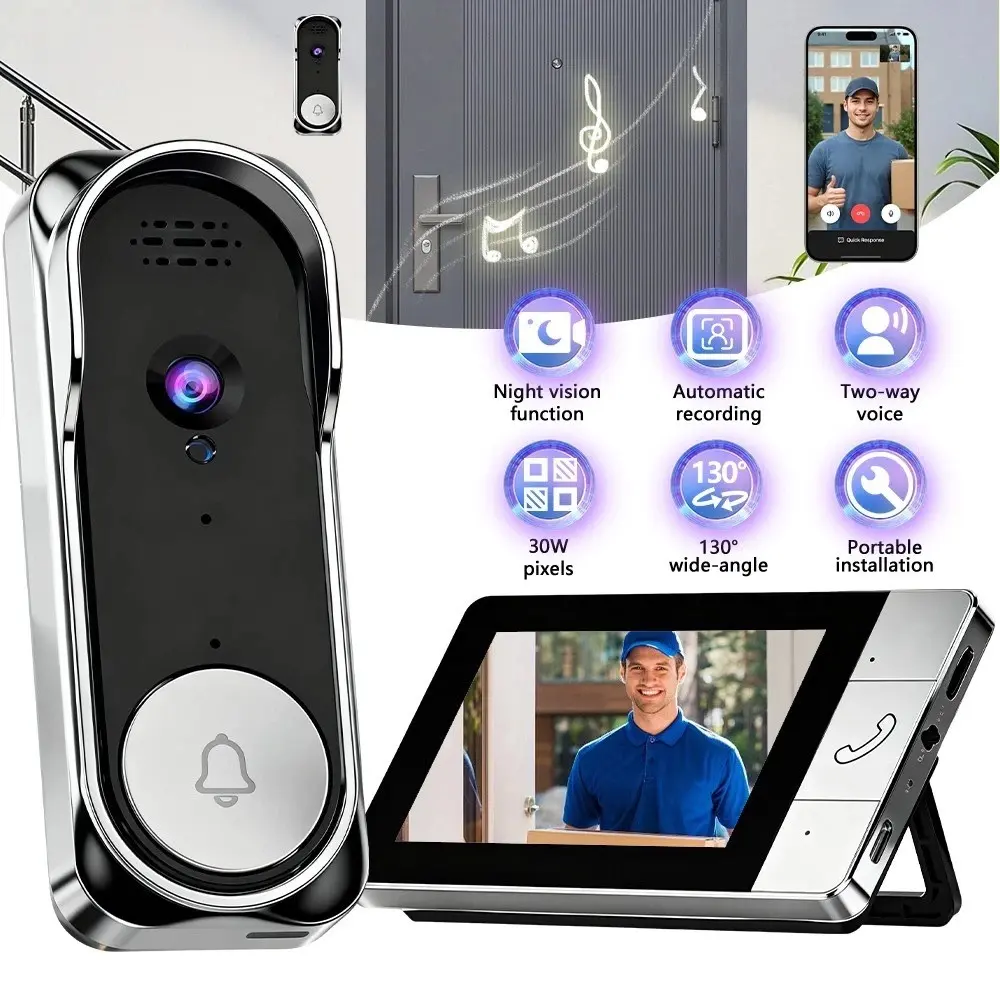 Wireless Video Doorbell with 4.3 Inch Color Screen, Night Vision, Waterproof Design, Long Battery Life, Supports Video Call and Two-Way Audio, Wireless Smart Doorbell