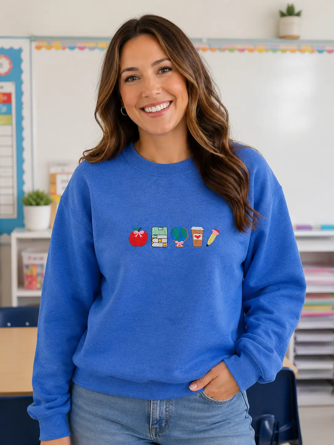 School Icons Teacher Life Embroidered Sweatshirt, Teacher Crewneck, Teachers Day Gift Ideas, Cool Teacher Gift