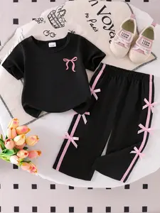 Baby Girl Sweet Cool Style Casual 2-Piece Set, Butterfly Knot Print Round Neck Short Sleeve T-Shirt & Side Bow Wide Leg Pants