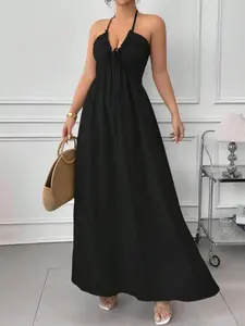 Solid Color Backless Halter A-Line Dress, Elegant Summer Party Wear, Comfortable & Stylish Design, Perfect for Special Occasions