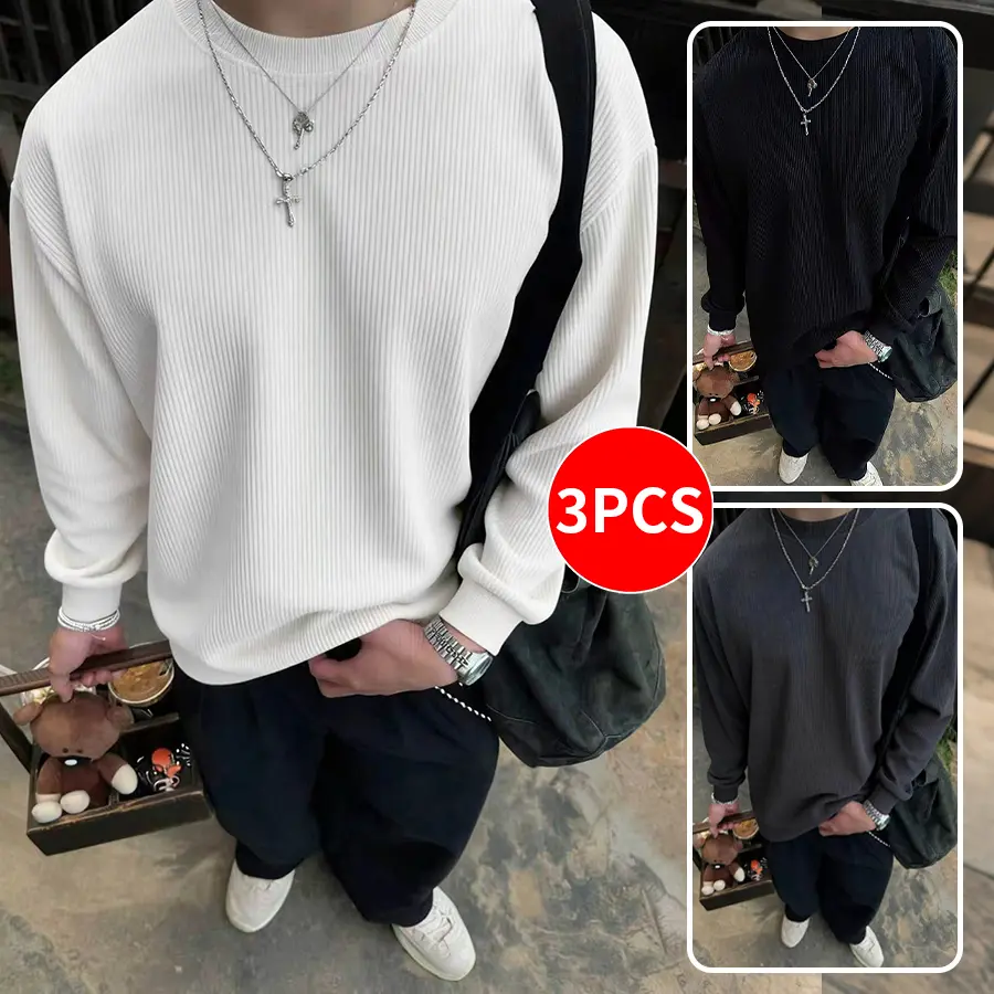 3-pack / 1-pack Men’s old money style vertical ribbed crew neck long sleeve top, loose drop shoulder solid casual style, soft textured fabric, versatile basic everyday pullover long sleeve shirt