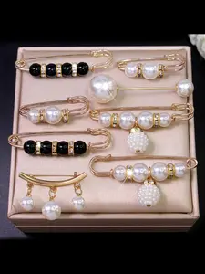 8pcs/Set Faux Pearl & Rhinestones Decorated Brooch Flower Brooch Pin Drop Set Pins Fashion Accessory