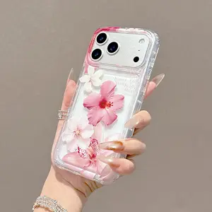 1 piece, beautiful pink petals slowly blooming transparent phone case, suitable for iPhone 17 16 15 14 13 12 11 Promax series protective case, with lens protection, lightweight and fashionable, shock-absorbing all inclusive anti fall soft case