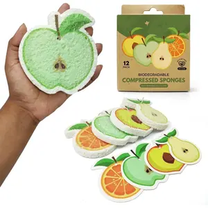 Biodegradable Cellulose Compressed  Bulk - Fruit Shaped Natural Kitchen Sponges Pack of 12 - Eco Friendly Compostable Dish Sponges for Washing Dishes - Odor Free Pop Up Non Scratch Sponges