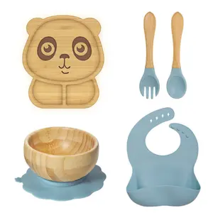 Adorer.care 5 Pieces Bamboo Plates and Bowls Set, Includes 2 Covered Spoons and a Soft Silicone Tipped Fork, BPA-Free and Easy to Clean