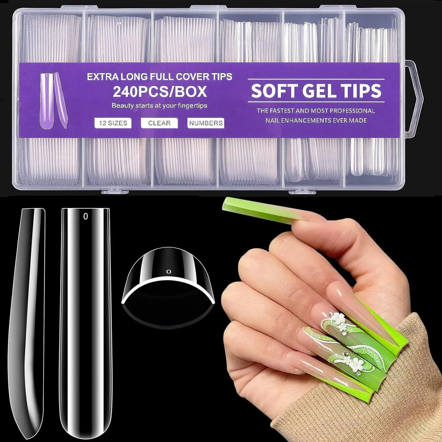 Extra Long Full Cover Soft Gel Tip for Acrylic Nails, 1 Box/2 Boxes Professional Transparent Full Cover Press-On Nails, Fake Nails Extensions, Reusable DIY Nail Art Kit for Women & Girls, Nail Extensions, Gelly Tips