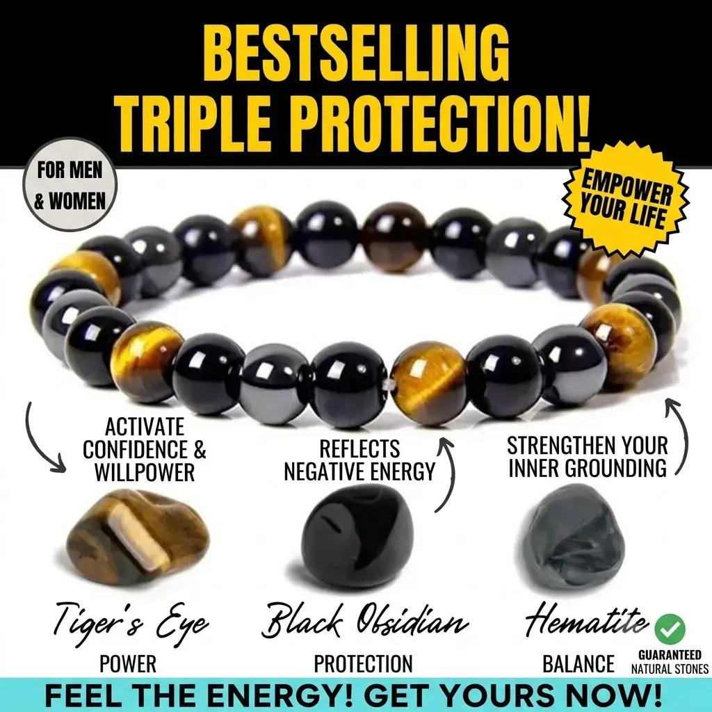 Triple Protection Bracelet for Negative Energy Protection Anxiety Relief, Natural 8mm 10mm Tiger Eye Black Obsidian Hematite Beads, Men Women Gift for Everyday Yoga Meditation Healing, 2026 Trend Crystal Jewelry
