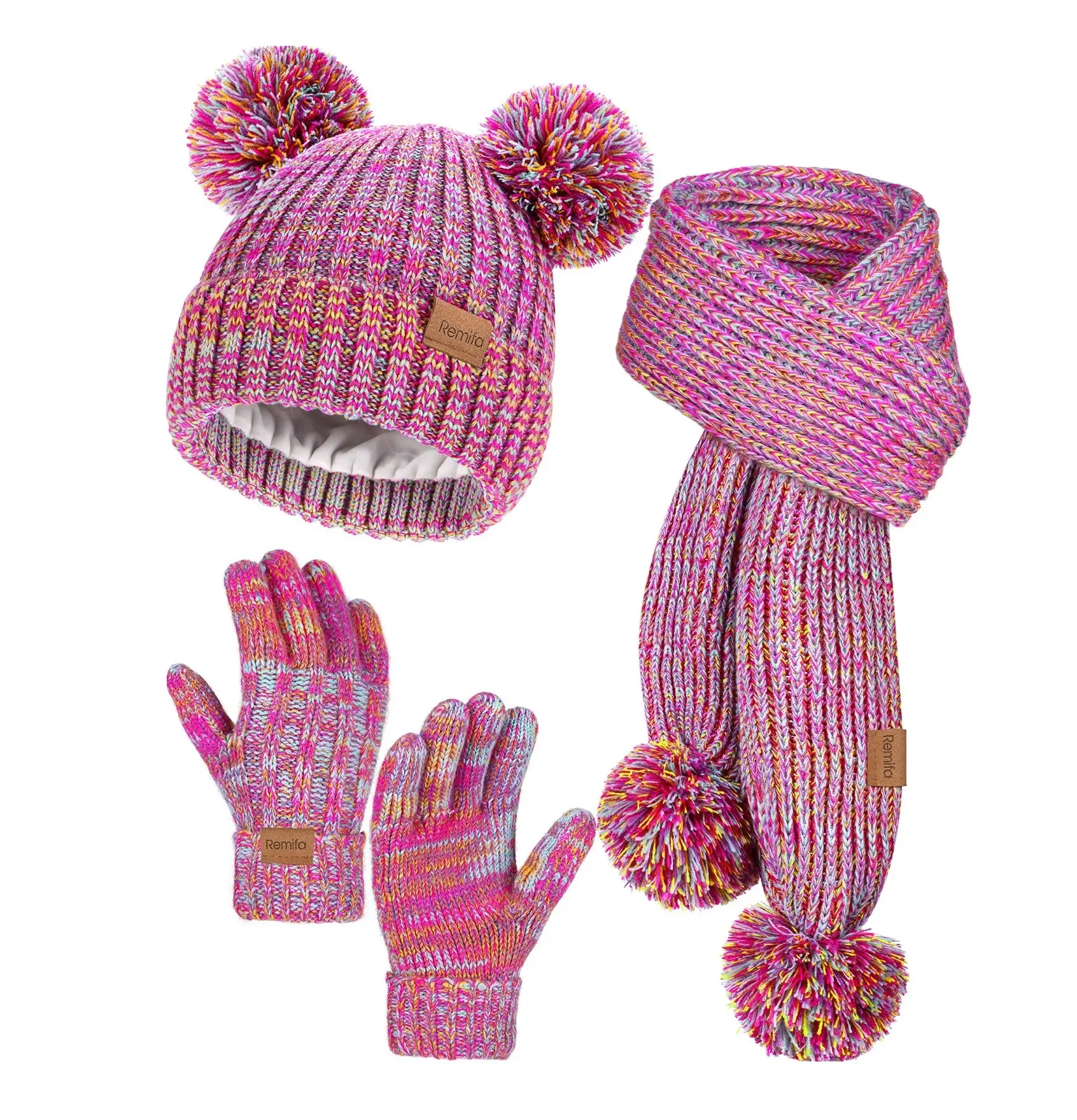 Kids' 3-Piece Winter Hat Scarf & Gloves Set - Fashion Fleece-Lined Knit Pompom Beanie, Warm Full Coverage Gloves for Skating, Style, Funky 3-in-1 Set Simplifies Winter Dressing, Unique Holiday Gift, Unique Gift