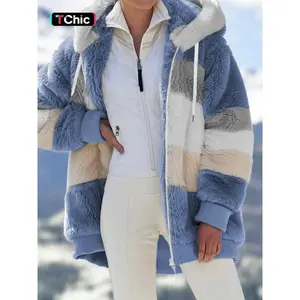 Women's color blocked off shoulder hooded fleece coat, fashionable and casual long sleeved zipper warm coat, suitable for daily outdoor wear, women's clothing, jacketRAIMENTRY