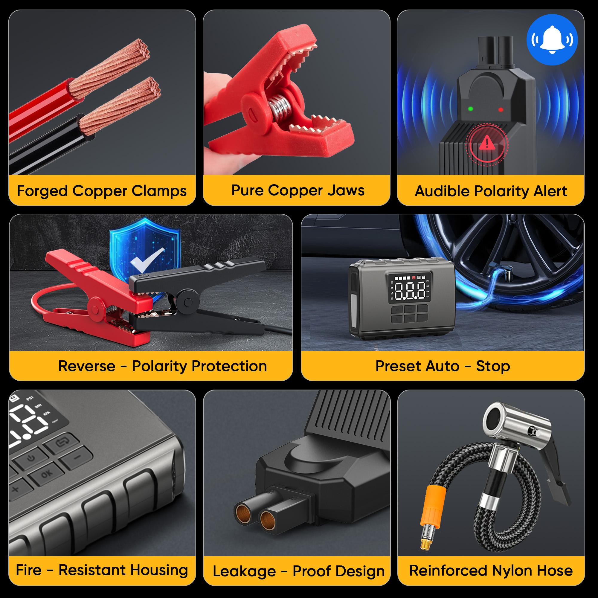 GCZ 3000A Peak Portable Jump Starter with Air Compressor 150PSI, Battery Booster (up to 7.5L Gas&5.5L Diesel), 20000mAh Power pack with Dual Cylinder & LED Display&Flashlight