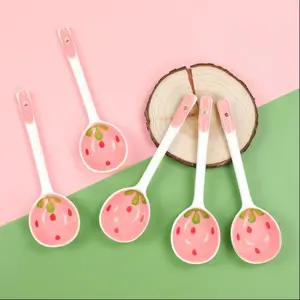 Set of 5 Cute Strawberry Ceramic Soup Spoons, Long Handle Porcelain Tablespoons, Reusable Dinnerware for Ice Cream, Desserts, Cereal, Soup, Yogurt, Dinnerware Utensils