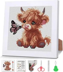 Cross Stitch Kits For Adults Beginners,Highland Cattle Stamped Cross Stitch Kits with Wooden Framed,Partial 11CT Home Decor 7.9x7.9inch
