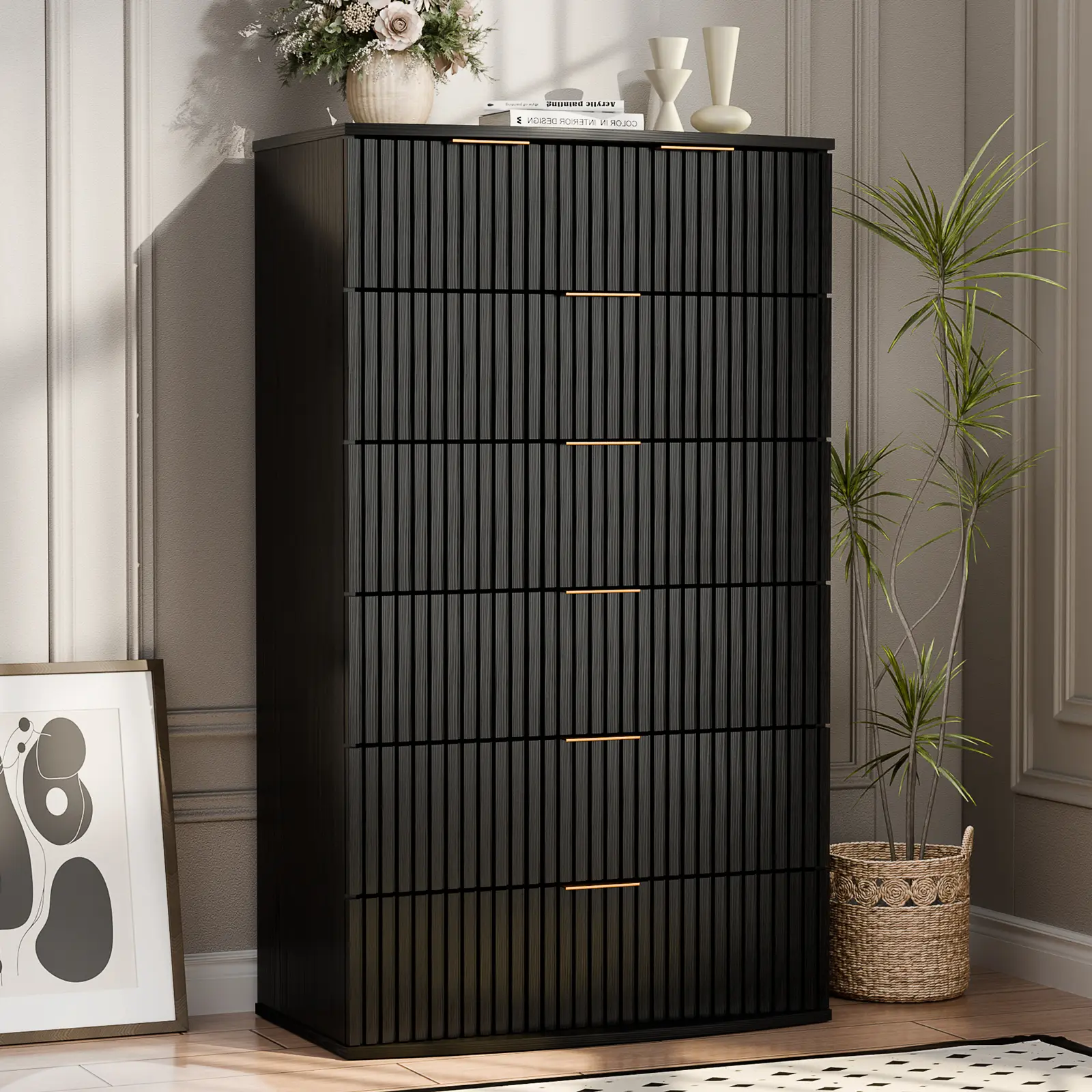 Gyfimoie Tall Black Dresser with 6 Drawers, Fluted Chest of Drawers with Curved Tabletop, Black and Gold Vertical Dresser with Metal Handle Sideboard Storage Cabinet Sideboard Buffet Cabinet