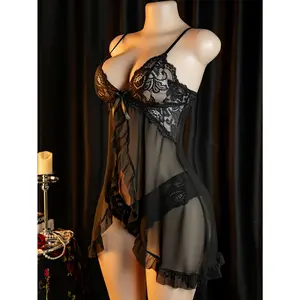 Women's Sexy Lace Lingerie Set - Sheer Bikini with Backless Open Calf Skirt, Red & White Lace Trim Bikini Swimsuit for Romantic Nights, Hand Washable Lingerie Outfit