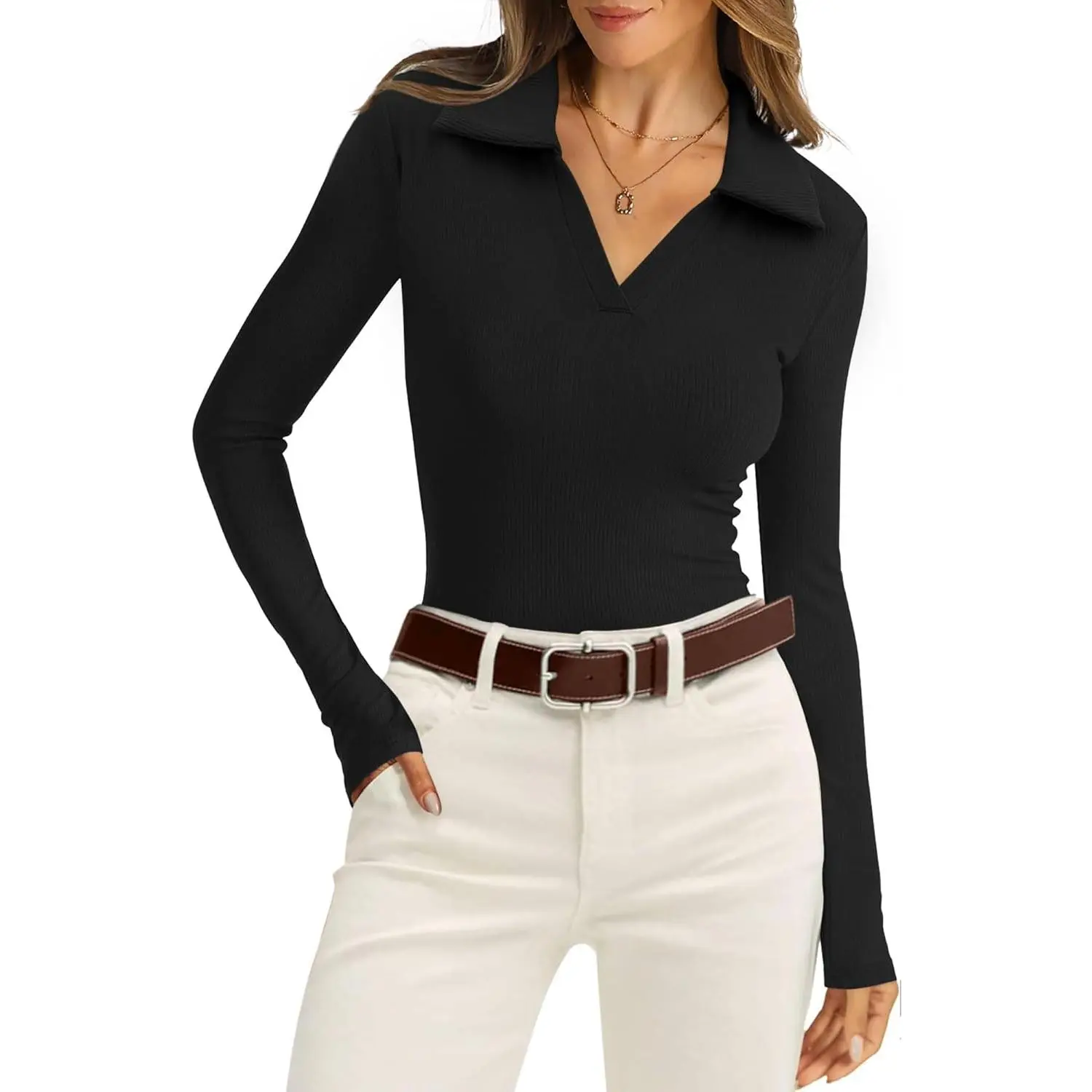 Women's Long Sleeve Polo Sweater, Ribbed Knit Collared V-Neck, Dressy Business Casual Slim Fit Top, Jeans, Pants, Knitwear, Longsleeves, Business Casual Tops, Shirts, Basic, Lady, Party