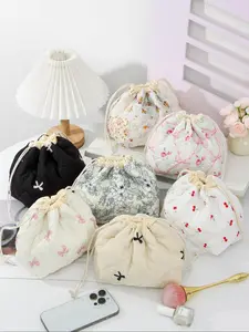 Floral Pattern Drawstring Makeup Bag, Multifunctional Cosmetic Storage Bag, Travel Essential Makeup Bag, Cute Drawstring Bag, Handheld Cosmetic Pouch, Makeup Organizer Pouch, Cosmetics Bag