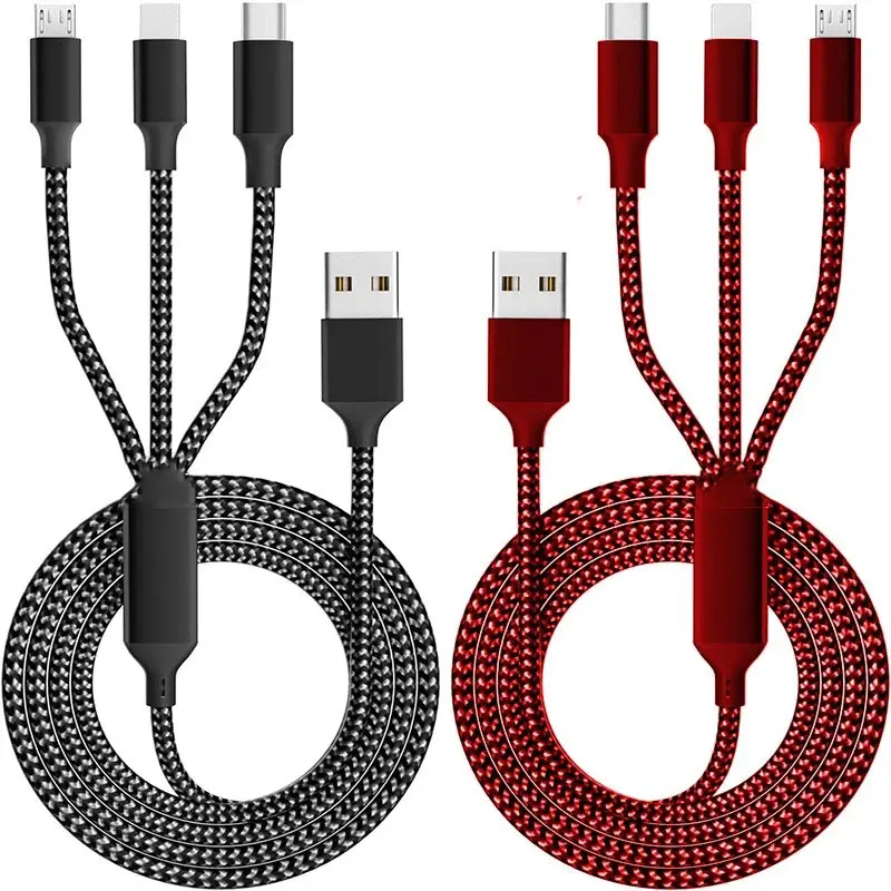 2-Pack 3-in-1 Alloy Portable Fast Charger Cable Set - 4FT Braided USB Cord, Universal for Smartphone, Android Phones, Micro USB Devices, Durable Aluminium, Flexible, Black & Red Options, Portable/Multiple Device Charging Adapters