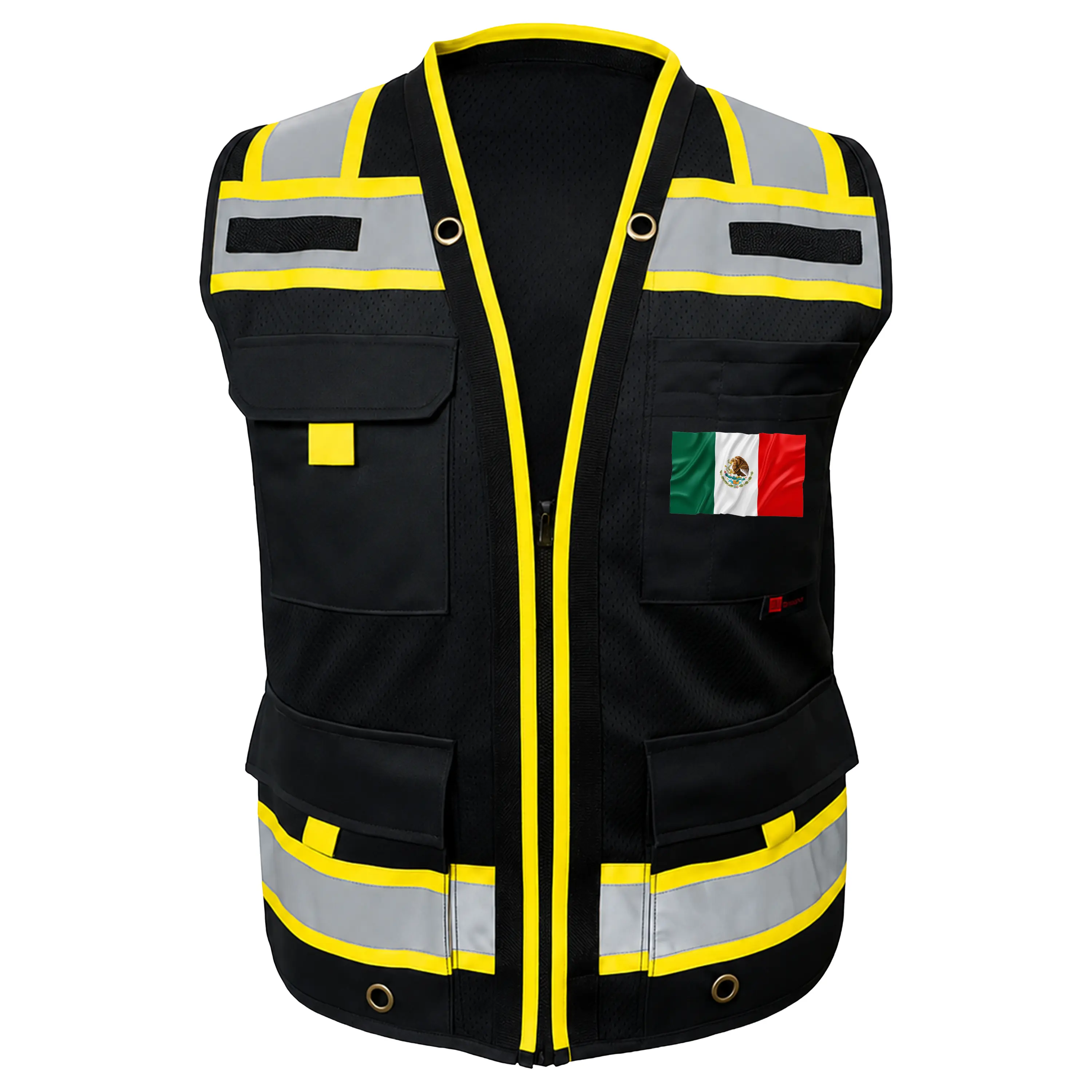Custom Flag - Superintendent Vest High Visibility Reflective Safety Mesh Design with Zipper & Multi Pockets for Construction Gear (American Size)