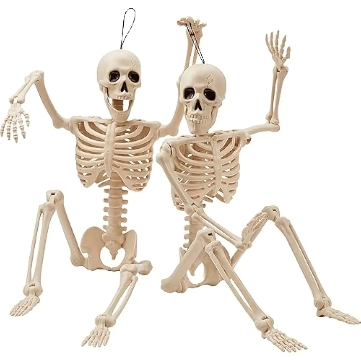 2 PCS 24 Halloween Skeleton Decor, 2 FT Full Body Stayable Posable Skeletons for Halloween, Yellow Human Plastic Bones with Movable Joints for Spooky Indoor Outdoor Decoration, Graveyard Prop