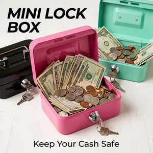 Mini Metal Lock Box with Key, Portable Cash Coin Storage Box, Secure Money Saving Bank for Adults & Kids, Small Safe Organizer for Coins, Cash & Valuables, Cute Compact Locking Storage Case Travel