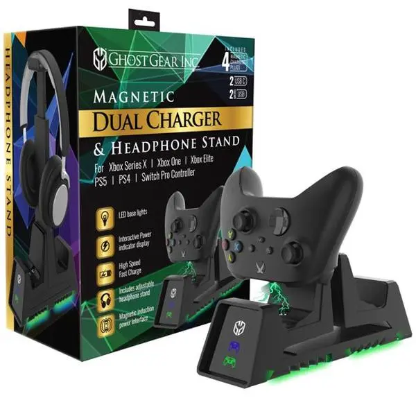 Ghost Gear Dual Charger & Headphone Stand for Xbox Series X, Xbox One, PS5, PS4, Switch Pro Controller with Magnetic Power Induction Technology includes rechargeable battery pack.