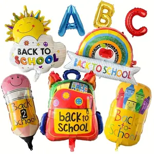 9-Piece Back to School Aluminum Foil Balloon Set, Rainbow Ruler, Pencil Box, Cloud, Pencil, Backpack, Abc Balloons, Classroom Decor, Kindergarten Event, First Grade Ceremony, School Party Decoration