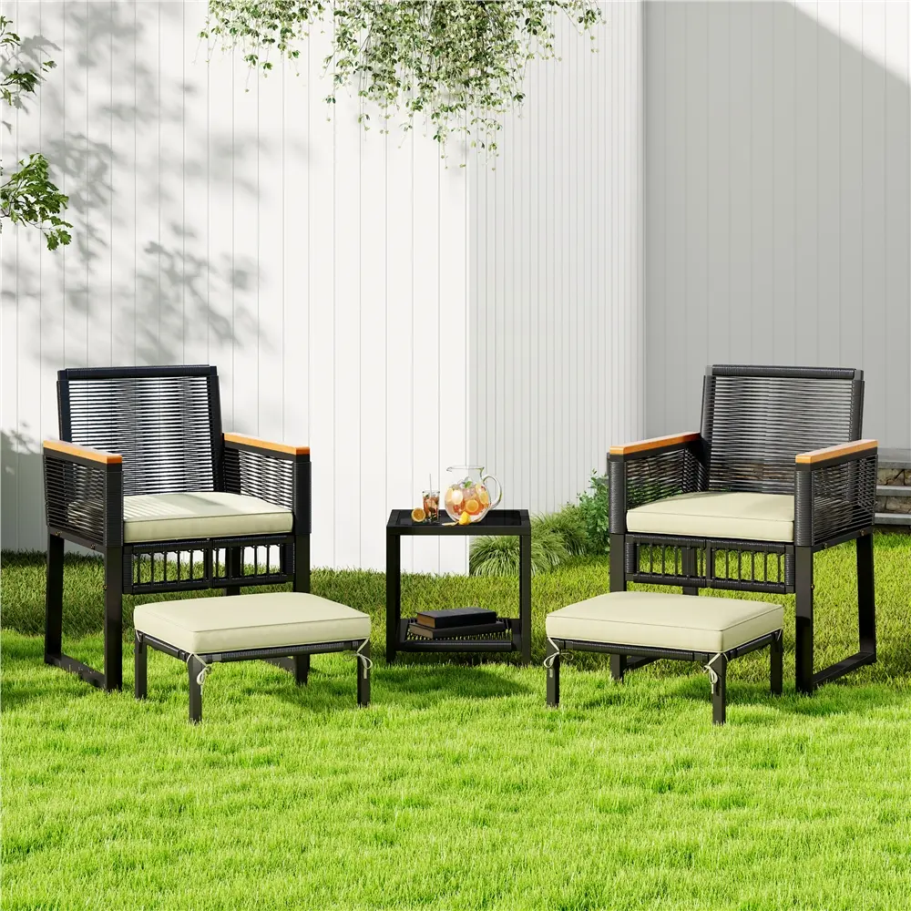 Yaheetech 5-Piece Wicker Rattan Outdoor Furniture Set, Patio Conversation Set with Table, Ottomans, Cushions for Porch, Garden, Outdoor Furniture Sets