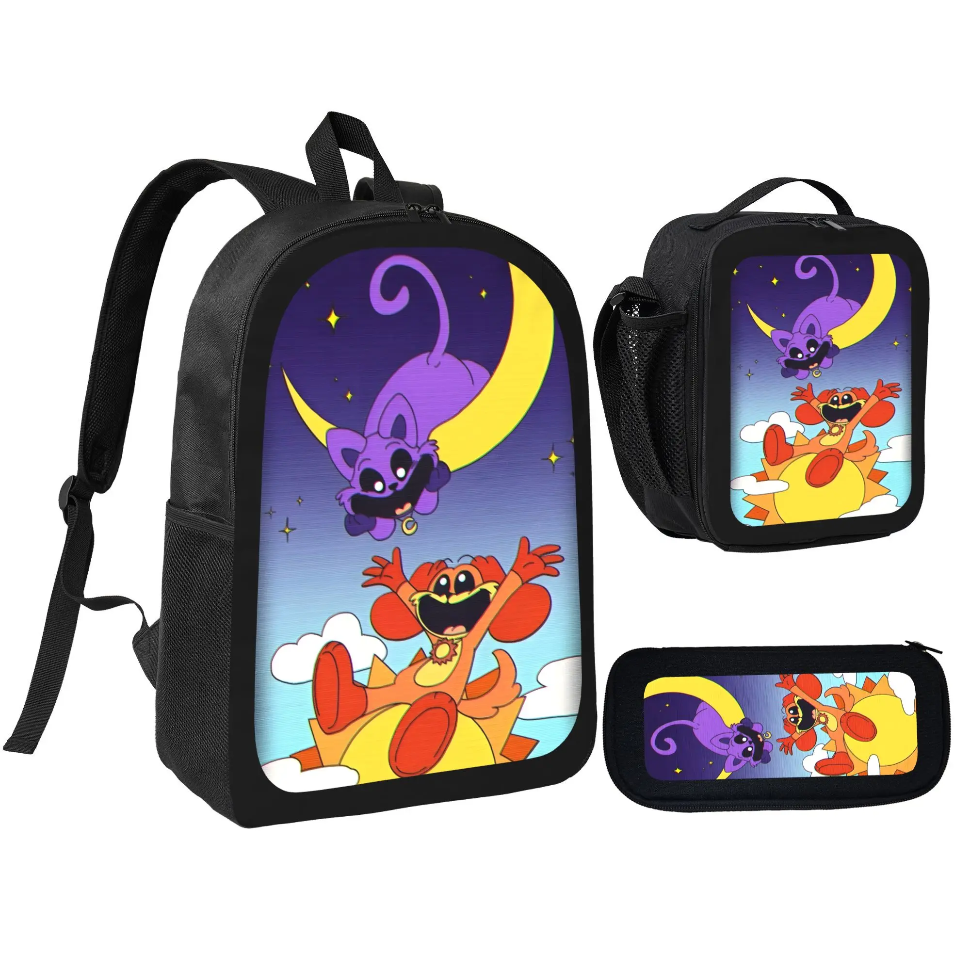 Kids Size Smiling Critters 3-Piece Backpack Set - Polyester Fabric, Insulated Lunch Bag, Pencil Case, Cute CatNap & DogDay Cartoon Prints, School Aesthetic School Bag for Kids