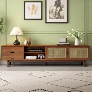 78 Inch TV Stand for TVs up to 85 Inches, Media Console with 2 Drawers & Solid Wood Legs, Modern Entertainment Center with Rattan Front Panels for Living Room