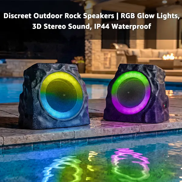 2-Pack Solar-Powered Rock Speakers, IP44 Water-Resistant Rechargeable Outdoor Audio Can Stand Rain Snow Watersplashes, Stereo with Dynamic RGB Decor Lights, Can Sync Up to 99 Speakers, Ideal for Patio Garden Poolside Party