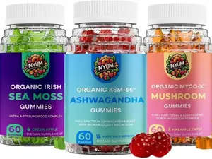 Nyum Nutrition [3-PACK] Ultra R-7 Organic Irish Sea Moss, MYCO-X Gummies & KSM-66 Ashwagandha Gummies - Green Apple, Mixed Wild Berries, Pineapple Twist, Made in USA, Full-Spectrum, Vegan, Non-GMO, Gluten-Free, Gelatin-Free. 60 Gummies Dietary Supplement