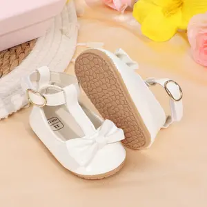 Girls' Solid Color Bow PU Velcro Design Flat Non-Slip Cute Princess Shoes, Perfect for Spring & Fall, Comfortable and Stylish, Bowknot Design Shoes, Solid Color Flats