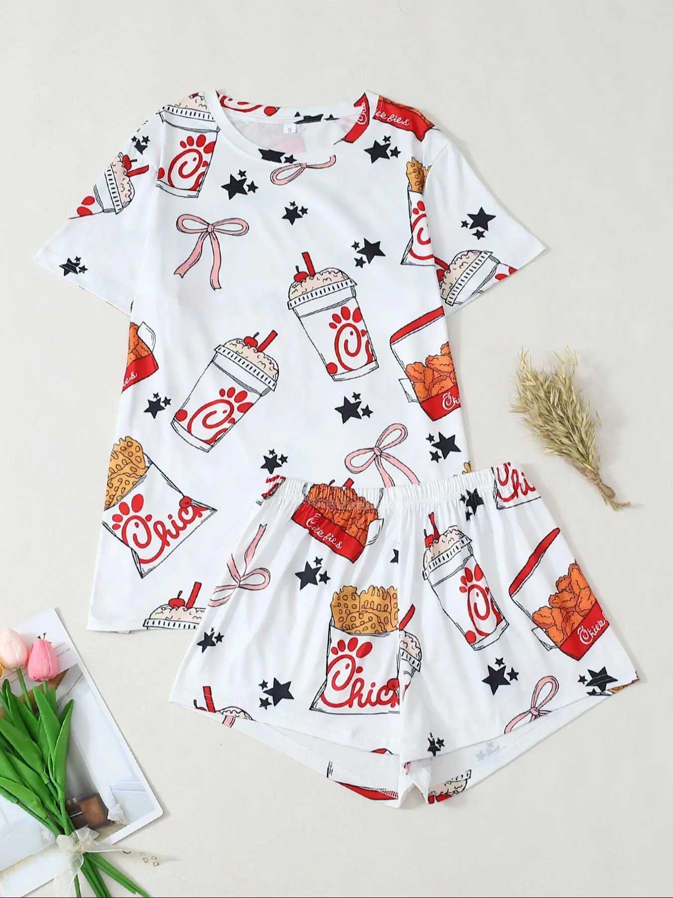 Women's All Over Print Chicken Tee & Shorts Pyjama, Casual Comfy Round Neck Short Sleeve T-shirt & Shorts Pj Set, Ladies Summer Sleepwear, Loungewear, Pajamas