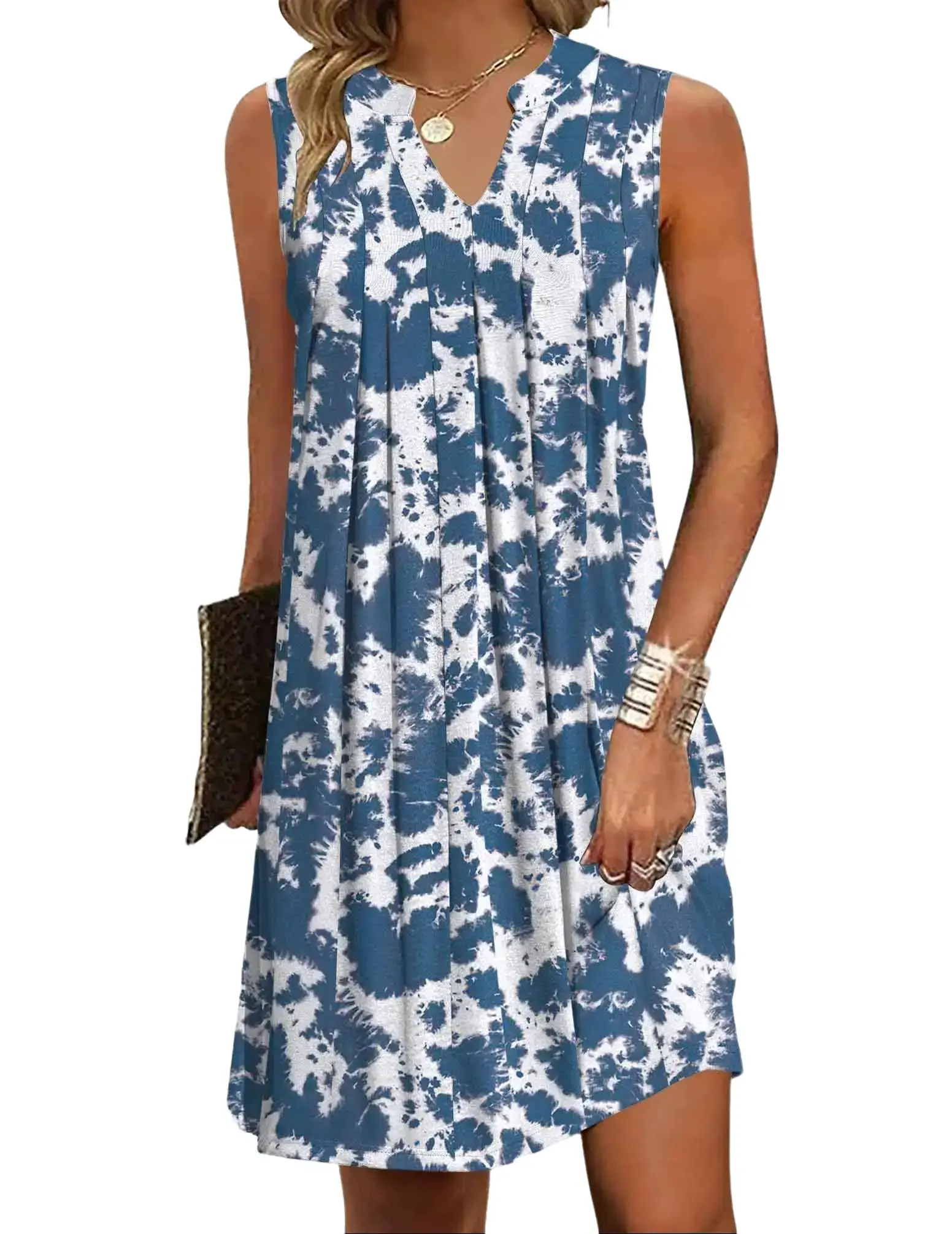 ZEAGOO Women's Casual V-Neck Sundress, Chic A-Line Pleated Boho Dress with Pockets for Work, Comfortable & Breathable, Casual Boho Breathable, Sundresses For Women, Polyester, Lady, Brunch Outfit Ideas, Going Out, Business, Sun Dress, H Type